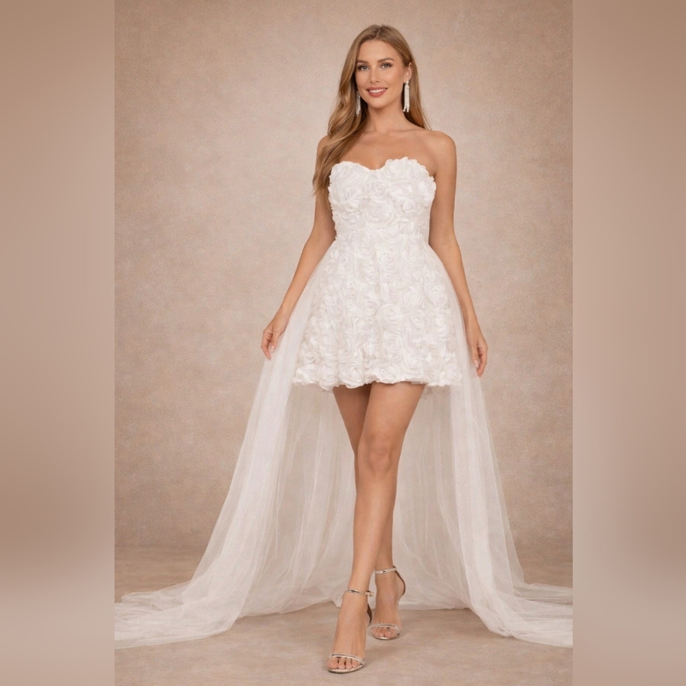 Elegant Mini Bridal Dress with 3D Floral Appliqués & Tulle Overskirt